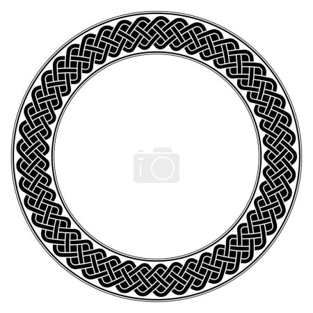 Illustration for Circle frame with guilloche knot pattern. Border made of endless repeated motifs of the Solomons knot, consisting of three interlaced and interwoven lines, framed by black lines. Isolated. Vector. - Royalty Free Image