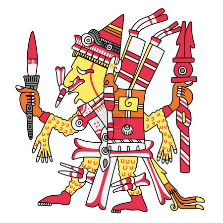 Ilustración de Xipe Totec, Xipetotec, dios azteca del desollado ritual y la agricultura, señor de las estaciones, la regeneración y la artesanía, gobernante del Este. Nuestro Señor el Desollado, representado rojo bajo la piel desollada que lleva. - Imagen libre de derechos