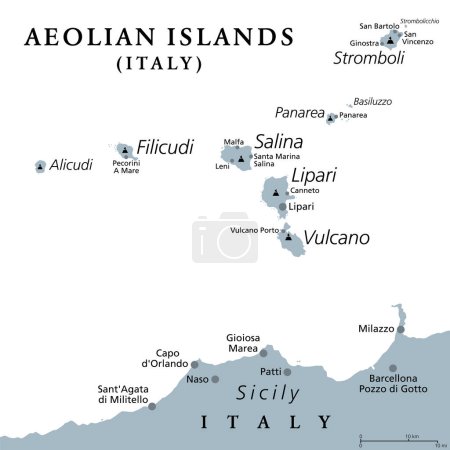 Äolische Inseln, graue politische Landkarte. Vulkanische Inselgruppe im Tyrrhenischen Meer nördlich von Sizilien, Italien. Auch Lipari-Inseln genannt. Lipari, Vulcano, Salina, Stromboli, Filicudi, Alicudi und Panarea.