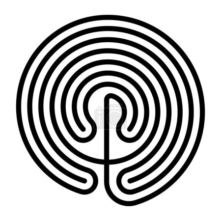 Kreisförmiges kretisches Labyrinth. Klassisches Design eines einzigen Weges in sieben Gängen, wie auf Silbermünzen aus Knossos dargestellt. In der griechischen Mythologie eine verwirrende Struktur, die dem Minotaurus diente.