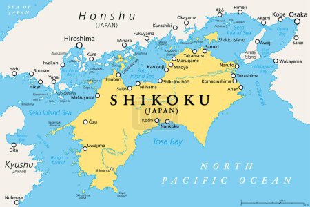 Illustration for Shikoku, political map. Region and smallest of the four main islands of Japan, northeast of Kyushu, and south of Honshu, separated by the Seto Inland Sea. Shikoku region consists of four prefectures. - Royalty Free Image