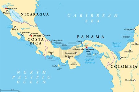 Costa Rica y Panamá, mapa político, con el Istmo de Panamá y la Brecha de Darién. Franja estrecha de tierra y región entre el Mar Caribe y el Océano Pacífico, que une América del Norte y del Sur.