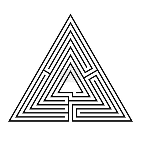 Illustration for Triangular maze, a labyrinth with a single path (unicursal) from the entrance to the center or goal, in seven courses. Black and white, isolated illustration, on white background. Vector. - Royalty Free Image