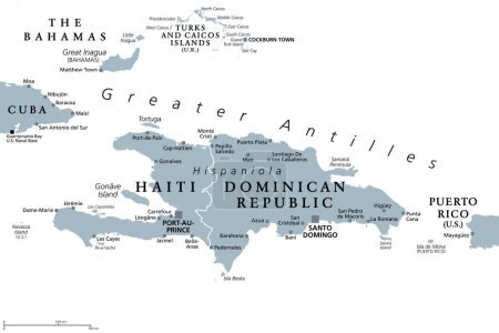 Illustration for Hispaniola and surroundings, gray political map. Caribbean island divided into Haiti and Dominican Republic, part of Greater Antilles, next to Cuba, The Bahamas, Puerto Rico, Turks and Caicos Islands. - Royalty Free Image
