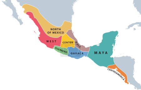 Illustration for Mesoamerica and its cultural areas map. Historical region from southern part of North America to most of Central America. North of Mexico, West, Center, Gulf, Guerrero, Oaxaca, Maya and Centroamerica. - Royalty Free Image