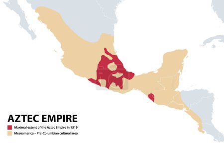 Illustration for Aztec Empire, map of the Triple Alliance and maximal extent in 1519, before the Spanish arrival (red). Mesoamerica, Pre-Columbian cultural historical area of North America and Central America (beige). - Royalty Free Image