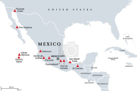 Transmexikanischer Vulkangürtel, Karte mit den wichtigsten aktiven Vulkanen Mexikos. Auch bekannt als Transvulkanischer Gürtel und lokal als Sierra Nevada. Aktiver Vulkangürtel, der den mittleren-südlichen Teil Mexikos umfasst.