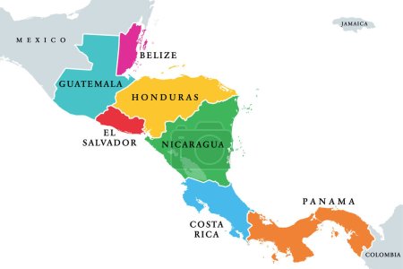 Países de Centroamérica, mapa político a color. Subregión de las Américas, entre México y Colombia, compuesta por Belice, Guatemala, Honduras, El Salvador, Nicaragua, Costa Rica y Panamá.