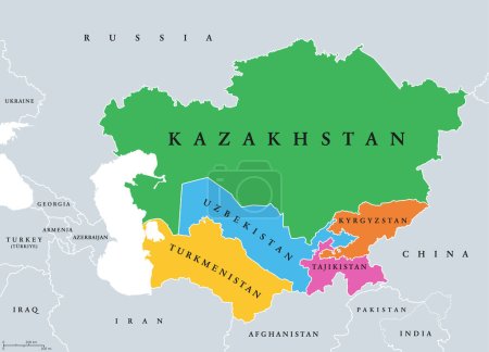 Zentralasien, oder Mittelasien, farbige politische Landkarte. Region Asien vom Kaspischen Meer bis Westchina und von Russland bis Afghanistan. Kasachstan, Kirgisistan, Tadschikistan, Turkmenistan und Usbekistan.