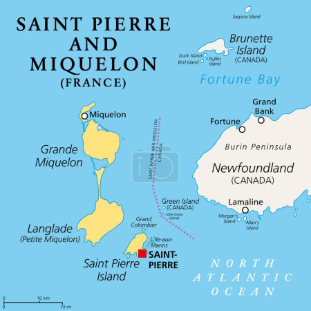 Illustration for Saint Pierre and Miquelon, political map. Archipelago and self-governing territorial overseas collectivity of France in the North Atlantic Ocean, near Canadian province of Newfoundland and Labrador. - Royalty Free Image