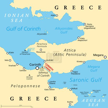 Illustration for Corinth Canal, artificial waterway in Greece, political map. Connects Gulf of Corinth (Ionian Sea) with Saronic Gulf (Aegean Sea), cuts through Isthmus of Corinth, separates Peloponnese from Attica. - Royalty Free Image