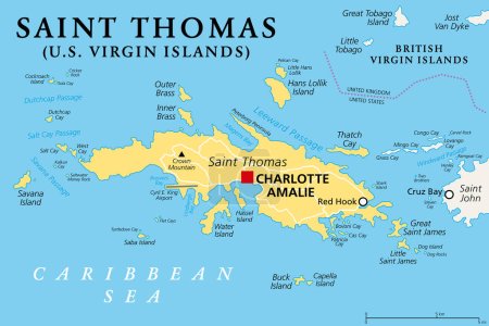 Ilustración de Saint Thomas, Islas Vírgenes de los Estados Unidos, mapa político. Una de las tres islas más grandes de la USVI. La capital territorial y puerto de Charlotte Amalie se encuentra en esta isla. Vector. - Imagen libre de derechos