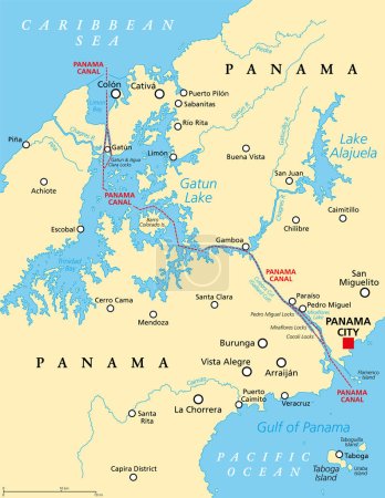 Illustration for Panama Canal, political map. Artificial waterway in Panama, connecting the Atlantic Ocean (Caribbean Sea) with Pacific Ocean, cutting across the Isthmus of Panama, reducing the travel time for ships. - Royalty Free Image