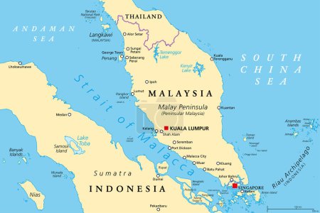 Ilustración de Estrecho de Malaca, mapa político. Importante carril de navegación y un canal de envío principal entre la península malaya (Malasia peninsular) y Sumatra (Indonesia), que conecta el Mar de Andamán y el Mar del Sur de China. - Imagen libre de derechos