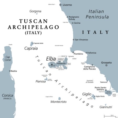 Illustration for Tuscan Archipelago, Italy, gray political map. Island chain between Ligurian and Tyrrhenian Sea, west of Tuscany, between Corsica and Italian Peninsula, with well known islands Elba and Montecristo. - Royalty Free Image