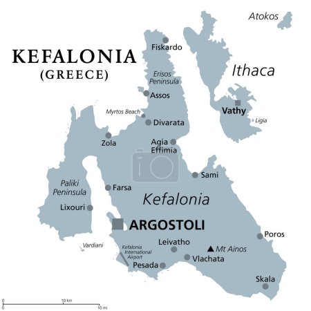 Illustration for Kefalonia, Greek island, gray political map. Also known as Cephalonia, Kefallinia or Kephallenia. The largest Ionian Island, located in western Greece and in the Ionian Sea, with capital Argostoli. - Royalty Free Image