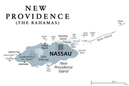 Téléchargez les illustrations : New Providence Island, carte politique grise, avec Nassau, capitale des Bahamas, un pays insulaire des Antilles dans l'Atlantique Nord. Les limites de la capitale coïncident avec l'île. - en licence libre de droit