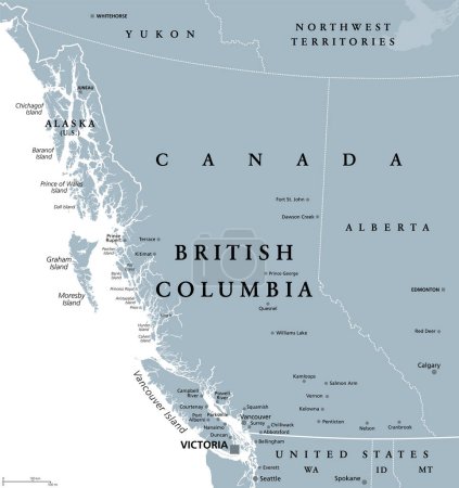 Columbia Británica, BC, provincia de Canadá, mapa político gris. Situado en el Océano Pacífico, bordeado por Alberta, Territorios del Noroeste, Yukón, y los estados de Estados Unidos Alaska, Idaho, Montana y Washington.