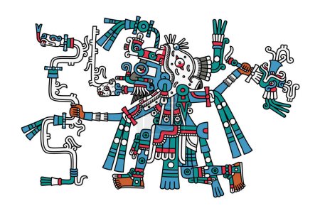 Ilustración de Tlaloc, dios azteca del relámpago, la lluvia y el terremoto, deidad de la fertilidad y el agua. Se le muestra con piel azul, con una máscara de jaguar, vapor que sale de su boca, sosteniendo una serpiente ondulada y un hacha. - Imagen libre de derechos