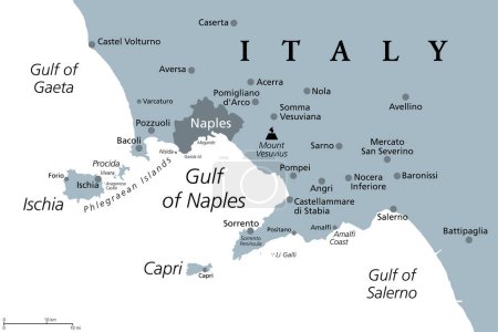 Golf von Neapel, graue politische Landkarte. Die Bucht von Neapel, die sich entlang der südwestlichen Küste Italiens befindet und sich zum Tyrrhenischen Meer hin öffnet. Kampanischer Vulkanbogen mit den Inseln Ischia und Capri und dem Vesuv.