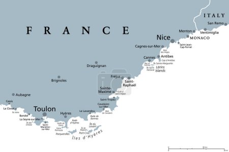 Ilustración de Riviera Francesa, mapa político gris. Costa mediterránea de la esquina sureste de Francia, conocida como Costa Azul o Costa Azul. Se considera que se extiende desde Toulon en el oeste hasta Menton en el este. - Imagen libre de derechos