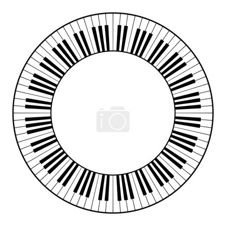 Musikalische Tastatur mit zwölf Oktaven, Kreisrahmen. Dekorative Bordüre, konstruiert aus zwölf Oktaven, schwarz-weißen Tasten der Klaviertastatur, geformt zu einem nahtlosen und wiederholten Motiv. Vektor.