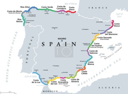 Illustration for Spain, beaches and coastlines of the Spanish Riviera, political map. Spanish mainland on Iberian Peninsula, with the touristic names of seventeen famous beaches, such as Costa Blanca or Costa del Sol. - Royalty Free Image