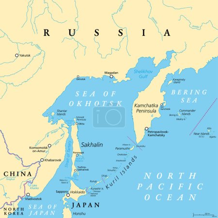 Illustration for Sea of Okhotsk, political map. A marginal sea of the North Pacific Ocean, located between the Kamchatka Peninsula, the Kuril Islands, Hokkaido, Sakhalin, and a stretch of the eastern Siberian coast. - Royalty Free Image