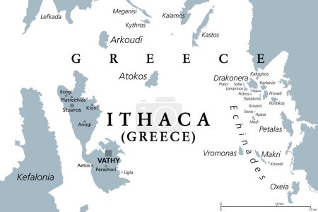 Illustration for Ithaca, island and regional unit in Greece, gray political map. Part of the Ionian Islands. Ithaca, Arkoudi, Atokos, and the Echinades islands Drakonera, Vromonas, Makri, Oxeia, Kalogiros and Kouneli. - Royalty Free Image
