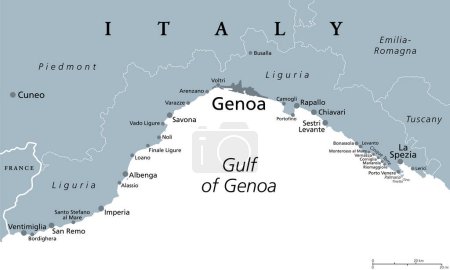 Ilustración de Liguria y la Riviera italiana, la Riviera de Liguria, mapa político gris. Una región del noroeste de Italia, con capital Génova. Franja costera entre Ventimiglia y La Spezia, en el Golfo de Genua. - Imagen libre de derechos