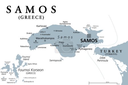 Illustration for Samos, Greek island, gray political map. Island in eastern Aegean Sea, and separated of western Turkey coast by the Mycale Strait. Rich city-state in ancient times and the birthplace of Pythagoras. - Royalty Free Image