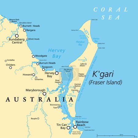 Téléchargez les illustrations : Kgari, anciennement l'île Fraser, carte politique. La plus grande île de sable du monde, le long de la côte du Queensland, en Australie, avec un 75-Mile-Beach. Habité depuis au moins 5000 ans par des aborigènes australiens. - en licence libre de droit