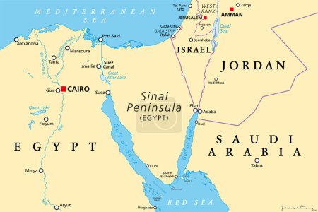 Téléchargez les illustrations : Région de la péninsule du Sinaï, carte politique. Péninsule égyptienne, située entre la mer Méditerranée et la mer Rouge, pont terrestre entre l'Asie et l'Afrique. Avec certaines parties d'Israël, de Jordanie et d'Arabie Saoudite. - en licence libre de droit