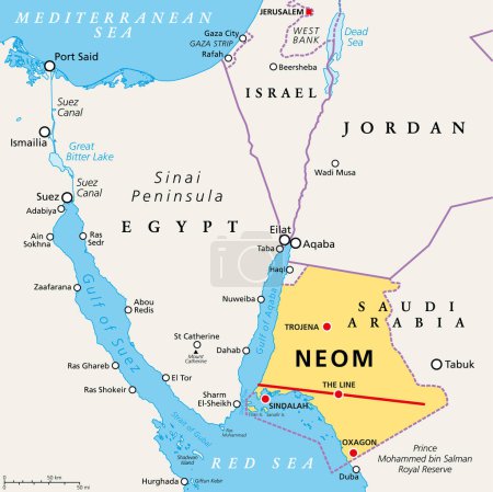 Ilustración de NEOM y la península del Sinaí, mapa político. Neom, una ciudad inteligente planificada en la provincia de Tabuk en el noroeste de Arabia Saudita, al norte del Mar Rojo, al este de Egipto, a través del Golfo de Aqaba, y al sur de Jordania. - Imagen libre de derechos