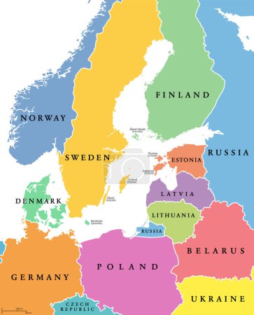 Téléchargez les illustrations : Zone de la mer Baltique, pays colorés, carte politique, avec frontières nationales et noms anglais. Pays le long de la côte de la mer Baltique, avec les pays voisins en Europe. Illustration isolée. - en licence libre de droit