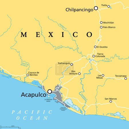 Téléchargez les illustrations : Acapulco et ses environs, carte politique. Acapulco de Juarez, ville et port d'escale majeur dans l'état de Guerrero sur la côte Pacifique du Mexique. Lieu touristique populaire et port d'escale pour les navires de croisière. - en licence libre de droit