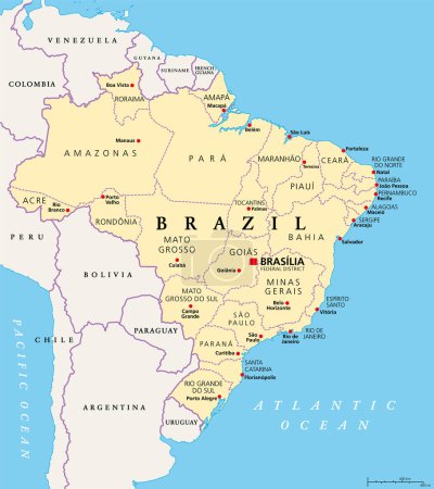 États du Brésil, carte politique. Unités fédératives avec frontières et capitales. Entités infranationales jouissant d'une certaine autonomie. Ils forment la République fédérative du Brésil, avec la capitale Brasilia.
