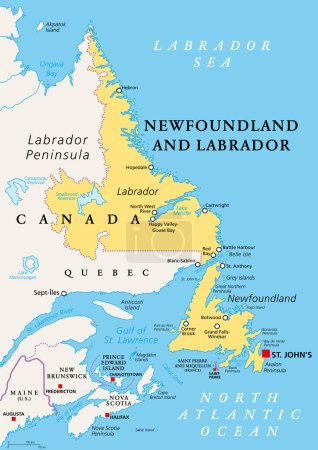 Illustration for Newfoundland and Labrador, political map. Province of Canada, in the Atlantic region, with capital St. Johns. Island of Newfoundland and continental region of Labrador between Quebec and the Atlantic. - Royalty Free Image