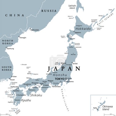 Ilustración de Japón, mapa político gris. Las islas principales Honshu, Hokkaido, Kyushu, Shikoku y Okinawa. País insular de Asia Oriental en el Océano Pacífico Norte, archipiélago de 14.125 islas y parte del Anillo de Fuego. - Imagen libre de derechos