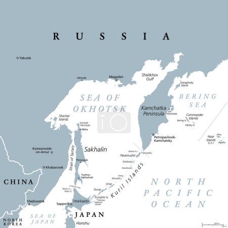 Ilustración de Mar de Okhotsk, mapa político gris. Mar marginal del Océano Pacífico Norte situado entre la península de Kamchatka, las islas Kuriles, Hokkaido, Sakhalin, y un tramo de la costa oriental de Siberia. - Imagen libre de derechos