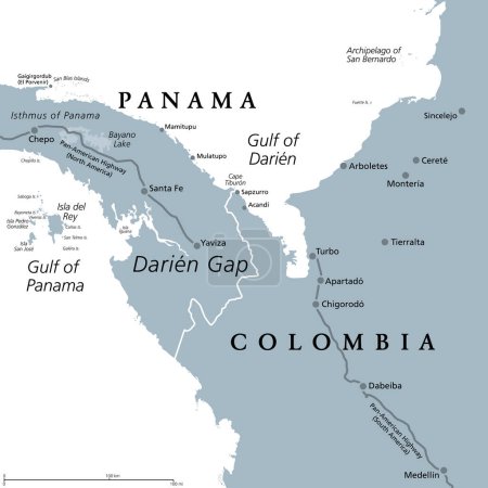Illustration for Darien Gap, gray political map. Region in the Isthmus of Panama, connecting North and South America with Central America. The gap is in the Pan-American Highway of which a part were not built. - Royalty Free Image