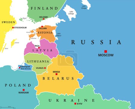 Pays baltes, pays colorés, carte politique. De la Finlande à l'Estonie, de la Lettonie à la Lituanie à la Pologne, de l'enclave russe de Kaliningrad à la Biélorussie et à la partie européenne de la Russie.