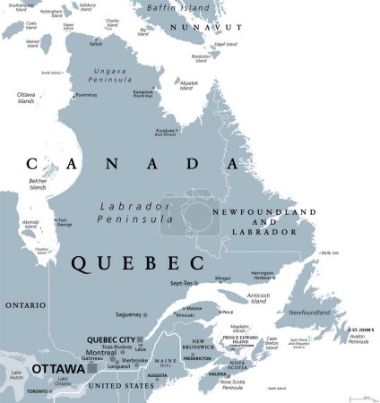 Ilustración de Quebec, la provincia más grande de la parte oriental de Canadá, mapa político gris. La provincia más grande, ubicada en el centro de Canadá, con la capital Quebec y la ciudad más grande Montreal, a lo largo del río St. Lawrence. - Imagen libre de derechos