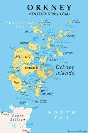 Illustration for Orkney, or also Orkney Islands, political map. Archipelago of about 70 islands in the Northern Isles of Scotland, situated off the coast of the island of Great Britain, with Mainland as largest island. - Royalty Free Image
