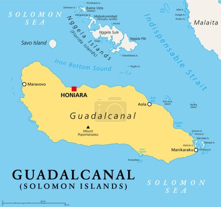 Ilustración de Guadalcanal, principal y más grande isla de las Islas Salomón, situada en el Mar de Salomón, y en el suroeste del Océano Pacífico, con Honiara, la capital del país insular. Ilustración. - Imagen libre de derechos