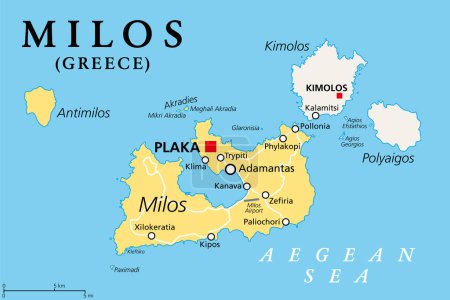 Illustration for Milos, island of Greece, political map. Volcanic Greek island in the Aegean Sea and part of the Cyclades. Together with Antimilos and smaller islets a municipality, neighboring Kimolos and Polyaigos. - Royalty Free Image