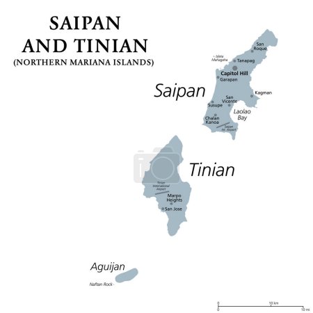 Saipan y Tinian, Islas Marianas del Norte, mapa político gris. Islas del Archipiélago Mariana. Territorio no incorporado y estado libre asociado de Estados Unidos con centro administrativo Capitol Hill.