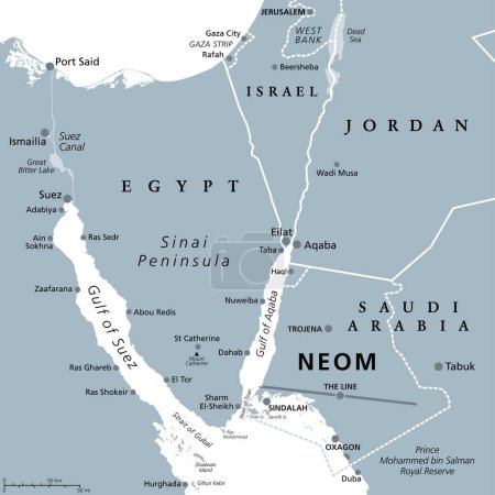 Téléchargez les illustrations : NEOM et la péninsule du Sinaï, carte politique grise. Neom, une ville intelligente planifiée dans la province de Tabuk dans le nord-ouest de l'Arabie saoudite, au nord de la mer Rouge, à l'est de l'Egypte, à travers le golfe d'Aqaba et au sud de la Jordanie. - en licence libre de droit