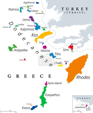 Illustration for Dodecanese islands, colored political map. Greek island group in the southeastern Aegean Sea and Eastern Mediterranean off the coast of Turkey. Rhodes is the most dominant island since the antiquity. - Royalty Free Image