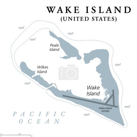 Wake Island, mapa político gris. También se llama Wake Atoll, un atolón de coral en el Pacífico en el área noreste de Micronesia. Territorio no organizado, no incorporado de los Estados Unidos. Ilustración.